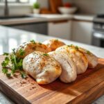 Featured Image Prompt: Homemade juicy chicken breast recipes on a rustic wooden board with fresh herbs and spices, sitting on a modern kitchen countertop. Bright natural light highlights the tender texture. Amateur photo from Reddit, taken with an iPhone 5. --ar 1:1 --zoom 2