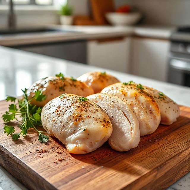 Featured Image Prompt: Homemade juicy chicken breast recipes on a rustic wooden board with fresh herbs and spices, sitting on a modern kitchen countertop. Bright natural light highlights the tender texture. Amateur photo from Reddit, taken with an iPhone 5. --ar 1:1 --zoom 2